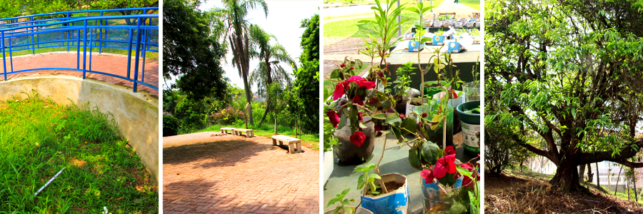 Mosaico com quatro fotografias sendo a primeira de uma rampa de tijolos vermelhos com grade azul nas laterais, a segunda de campo aberto com o centro do chão de tijolos laranjas e bancos de concreto com árvores e grama ao fundo, a terceira de vasos feitos de garrafas pet com mudas de folhas verdes e outras de flores vermelhas, e a quarta de uma árvore com tronco pequeno e longos galhos cheios de folhas verdes,